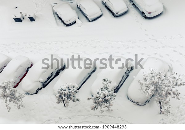 footsteps in
the snow next to cars buried by
snowfall