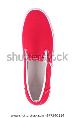 Footwear.Male and female moccasins.Men's and women's loafers isolated white background. Sandals. Red
