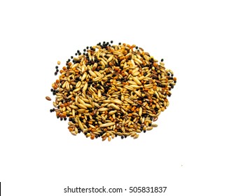 Forage For Birds (seeds). Food Mix Of Grain And Seeds, Are Isolated On A White Background
