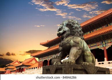 the forbidden city with sunset glow in beijing,China