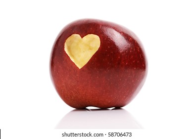 Forbidden Fruit Red Delicious Apple With A Love Heart Shape Bitten Into The Flesh