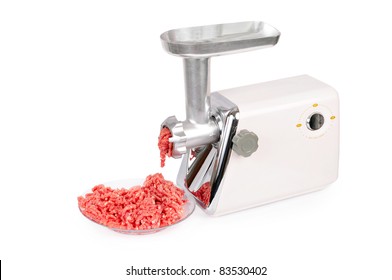 Force-meat and meat grinder. Isolated over white
