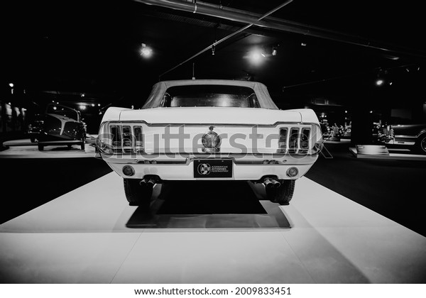 Ford Mustang,\
American classic. Classic Car exhibition - Heydar Aliyev Center,\
Baku, Azerbaijan -\
26,04,2017