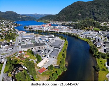 Forde mountain valley town in Sunnfjord region of Norway. River Jolstra. Norway drone view.
