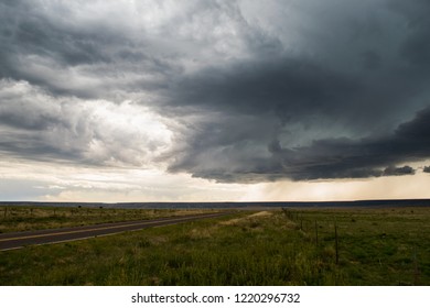 Foreboding scary thunderstorm building over open farmland over USA on spring afternoon
