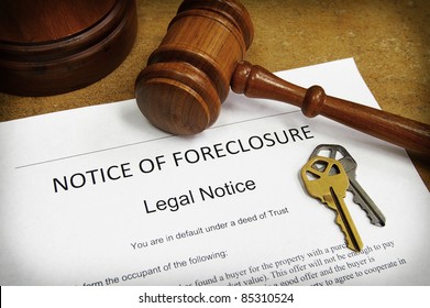 Foreclosure Document With House Keys And Gavel