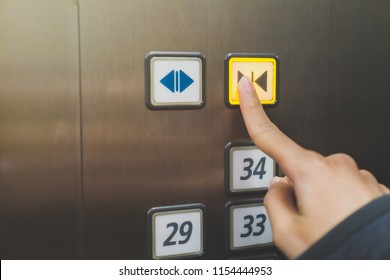 Forefinger Pressing The Close Button In The Elevator, Selective Focus.