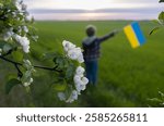 In the foreground is a blossoming spring tree, behind it is a child holding a Ukrainian flag, out of focus. Independence Day of Ukraine. National symbol