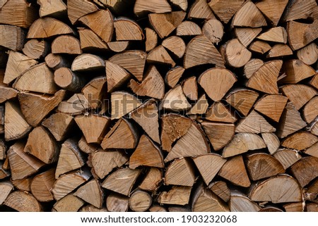 foreground of a pile of split firewood with ends of firewood of different shapes