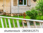 In the foreground a white railing is out of focus, framing a green garden with a carved wooden owl sculpture on a stump. Behind it stands a light wooden house with stone foundation, window, and shutters, surrounded by bushes, small flowers, and a neatly kept lawn in rural Bavaria, Germany.