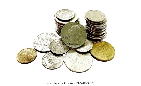 Foreign Currency Coins On A White Background.