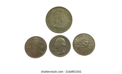 Foreign Currency Coins On A White Background.