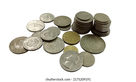 Foreign Currency Coins On A White Background.