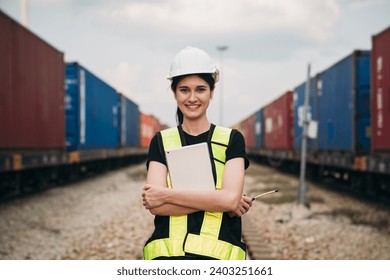 Foreman checking inventory or task details on freight train cars and shipping containers. Logistics concept, import, and export industries.