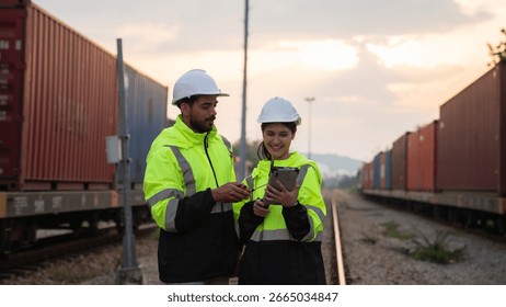 Foreman checking inventory or task details on freight train cars and shipping containers. Logistics concept, import, and export industries.