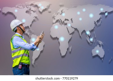 Foreman control loading from Cargo freight ship for import export  and map world background 