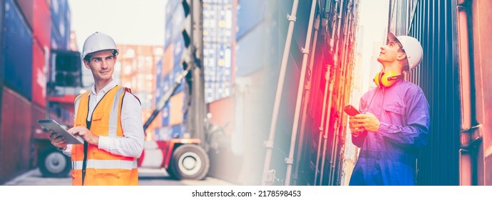 Foreman control loading containers box from cargo freight ship for import export.Container yard worker checking container at container yard warehouse. Cargo shipping import export industry Logistics. - Shutterstock ID 2178598453