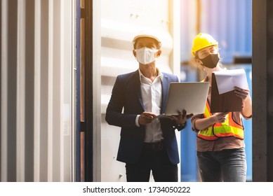 Foreman Engineer Working In Container Yard, Quality Control Inspector Using Laptop For Checking On Container Site, Logistic Store For Import And Export Concept