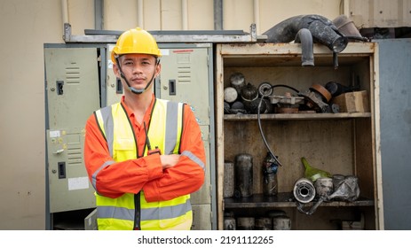 Foreman Maintenence Smile Sit Down At Maintenance Shop In Warehouse