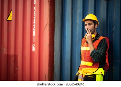 Foreman Worker Person Smoking Cigarette Tobacco At Container Yard Outdoor Work