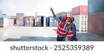 Foreman or worker work at Container cargo site check up goods in container. Foreman or worker checking on shipping containers. Logistics and shipping	