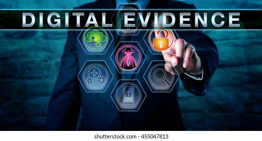 Forensic Examiner Is Touching DIGITAL EVIDENCE On An Interactive Control Screen. Business Concept Entailing Digital Forensics, Evidence Law And Computer Law. Close Up Torso Shot Of Man In Blue Suit.