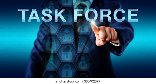 Forensic Expert Is Pressing TASK FORCE On A Touch Screen Interface. Business Metaphor And Law Enforcement Technology Concept. Icons Onscreen Refer To Peer Experts, Investigative Tools And Coding.
