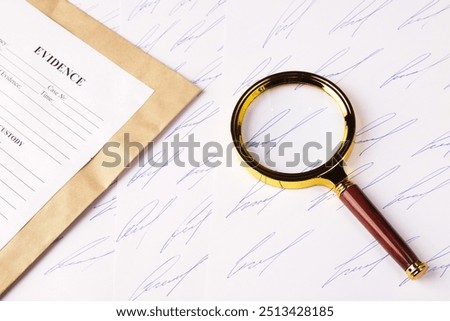 Forensic handwriting analysis concept, samples of fictitious signature on sheets of paper, magnifying glass and envelope for evidence