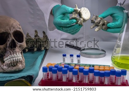 Forensic scientist comparing two human vertebrae of adult male homicide victims to extract DNA, forensic lab, conceptual image