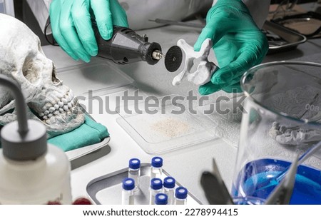 Forensic scientist removes bone from human skeleton to investigate murder and take samples in crime lab, concept image