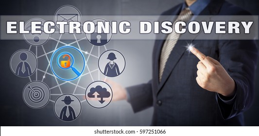 Forensic Specialist In Blue Business Suit Starting An ELECTRONIC DISCOVERY Process. Digital Forensics And Litigation Metaphor, Information Technology Concept For The Civil Procedure Of E-discovery.