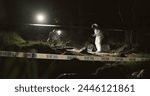 Forensic team, photographer and crime scene at night for investigation or observation with hazmat or police tape. Collaboration, expert investigator or outdoor in forest for evidence or case research