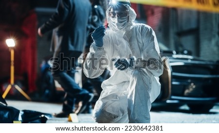 Forensics Specialist Finding Bullet Shell on Crime Scene at Night. Expert Determining Potential Cause of Death While Bagging a Cartridge and Zipping it as Evidence. for Documentary