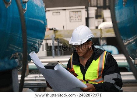 Foreperson with HVAC system checking the equipment installation with drawing (Blueprint) and ensuring the specification before the mass running