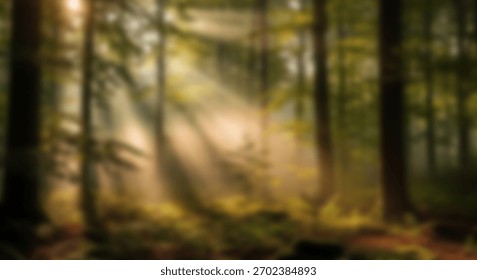 Forest Bathing Sunbeams filter through misty green woods with a natural haven.