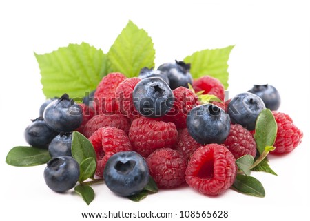 forest berries, Many blueberries & raspberries. Isolated white