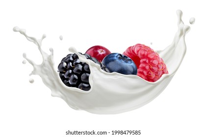 Forest berries with milk splash isolated on white background with clipping path