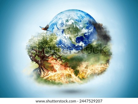 A forest burning with wild animals fleeing. Planet Earth in the background. Concept design for forest fires, wildfire. Photo manipulation for themes: Protection of Nature, Preserve of wild life