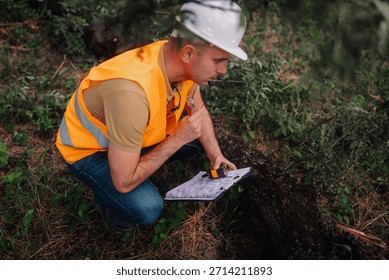 Forest engineer crouching, writing notes on clipboard and measuring a fallen tree trunk using a telemeter