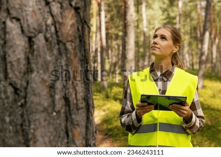 forest evaluation, development and management - female forestry engineer or appraiser working with digital tablet in the woods