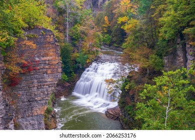 Forest Falls On Fall Creek In Autumn. Ithaca. Finger Lakes Region. New York. USA