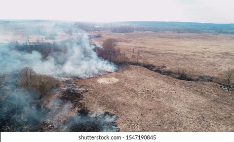 Forest And Field Fire. Dry Grass Burns, Natural Disaster. Aerial View. Extensive Burning Of Grass And Shrubs, All Around Is Obscured By Haze. Smooth Flight Over The Burning Place.