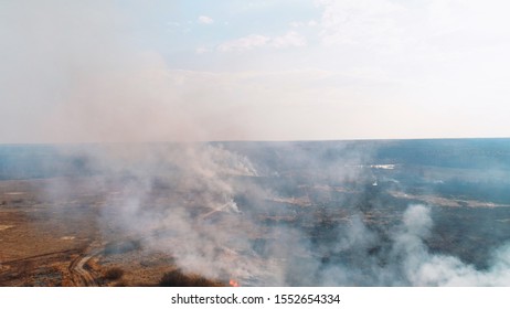 Forest And Field Fire. Dry Grass Burns, Natural Disaster. Aerial View. Extensive Burning Of Grass And Shrubs, All Around Is Obscured By Haze.