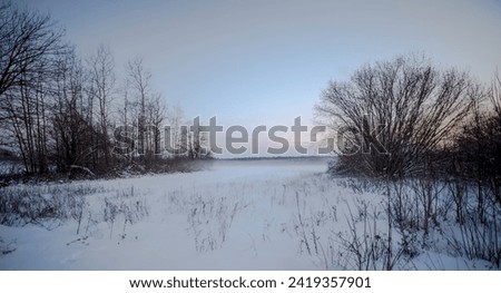 Forest fields under the snow. The sun has already set and the evening autumn mists are lifting.Beautiful Polish forest landscapes in a snowy landscape in the coming dusk.