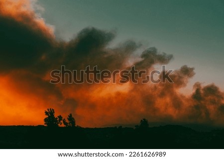 Forest fire at night in Antalya Turkey, tree silhouettes, black smoke rises towards the sky.