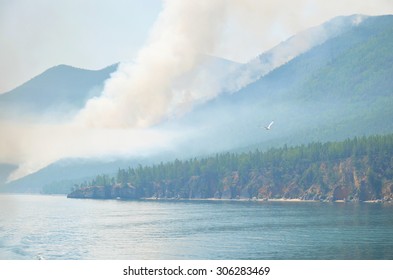 Forest Fire On Western Shore Of Lake Baikal In Sandy Bay Area