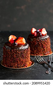 Forest Fruit Cake On A Dark Background. Vertical View. Close-up Celebration Cake. Story Format