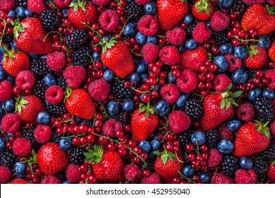 Forest Fruit Fresh Berries Colorful Assorted Large Mix Overhead In Studio On Dark Background