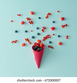 Forest Fruit With Ice Cream Cone On Blue Pastel Background. Flat Lay. Summer Concept.