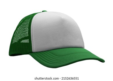 Forest Green Trucker Cap Isolated On White Background. Basic Baseball Cap. Mock-up For Branding.